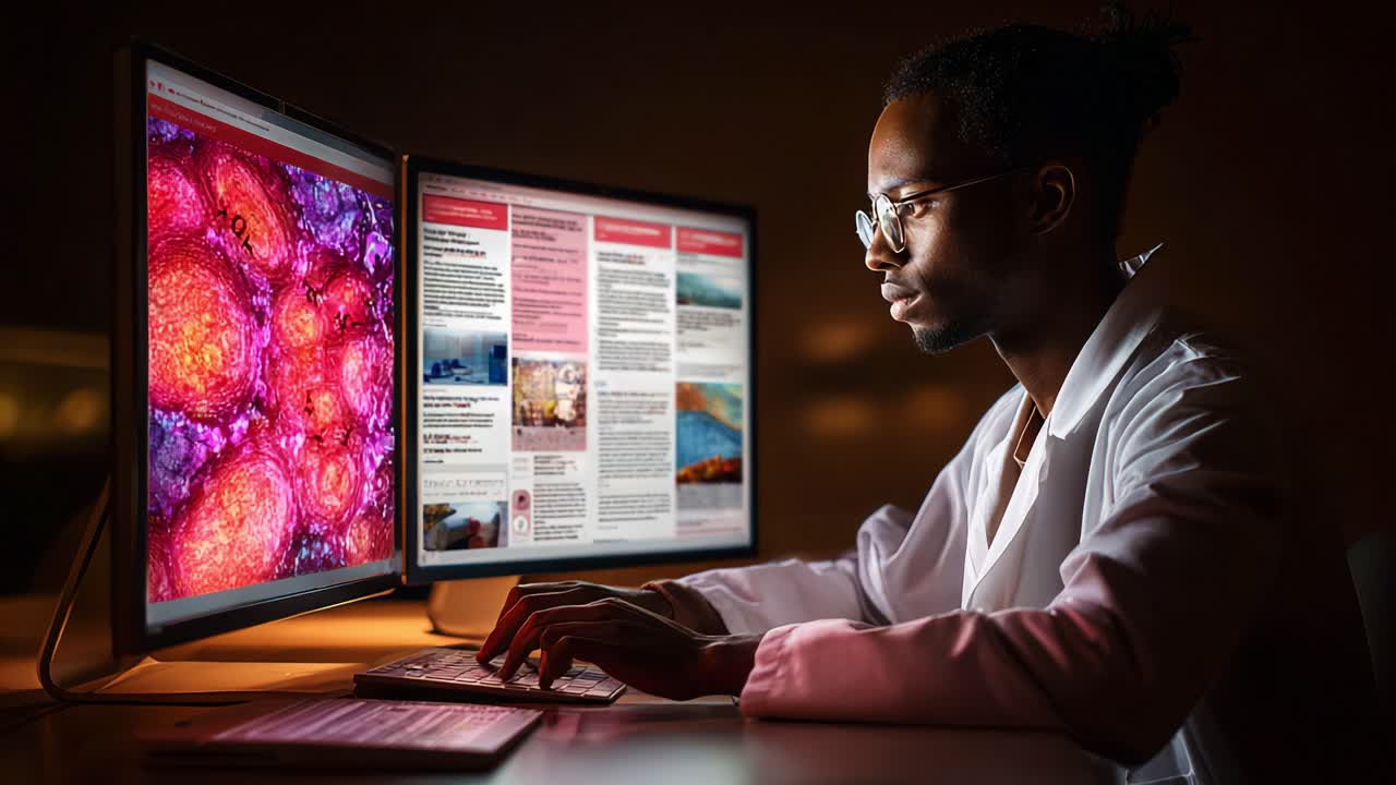 A focused scientist conducting research on dual monitors, analyzing vibrant cellular images and reading documentation, enhancing understanding and innovation in a dark laboratory environment
