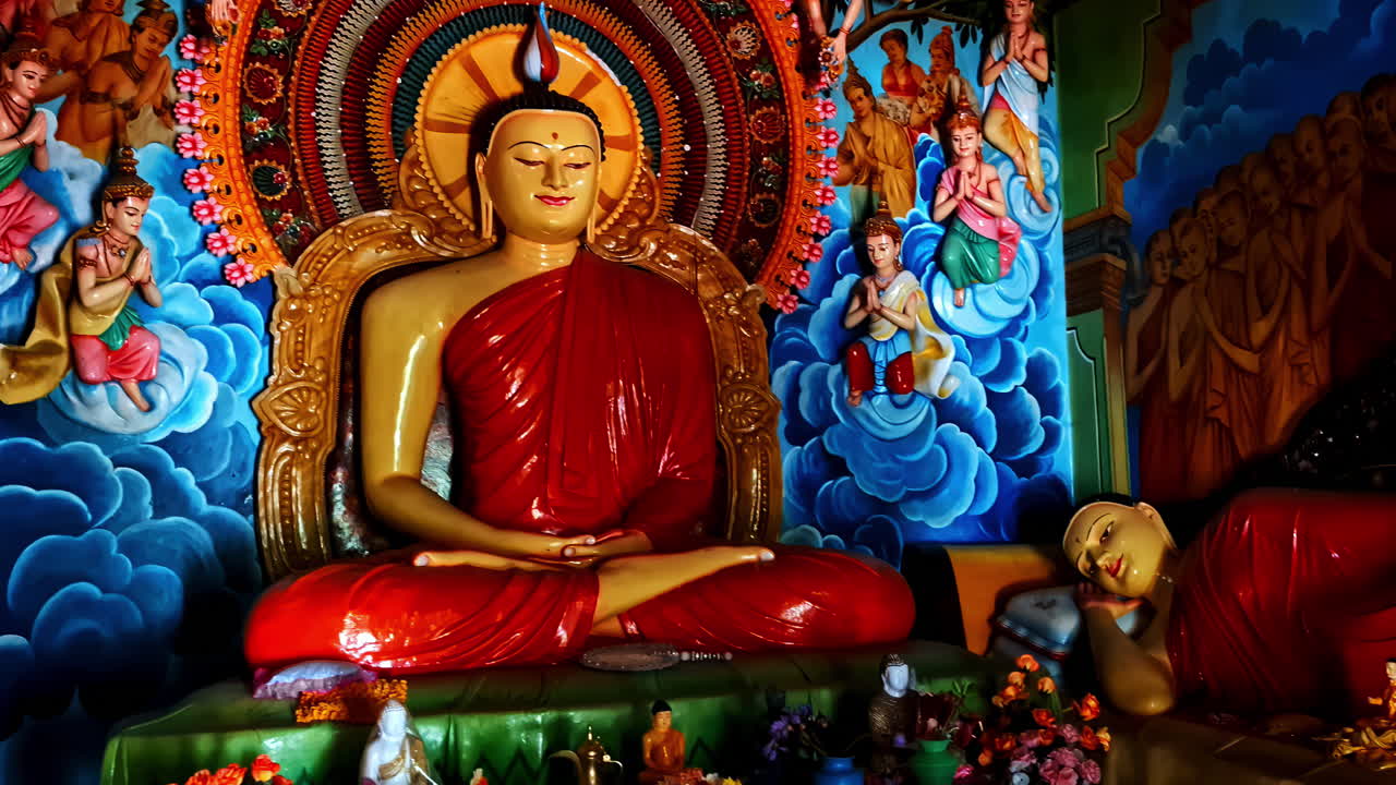 Intricately decorated Buddhist temple interior with monks and colorful wall paintings, sacred statues