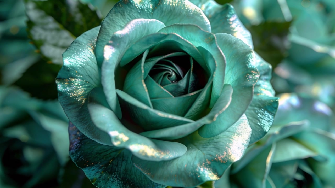 Dolly che spinge la telecamera più vicino a una rosa verde acqua in uno studio macro, rivelando una spirale di petali iridescenti