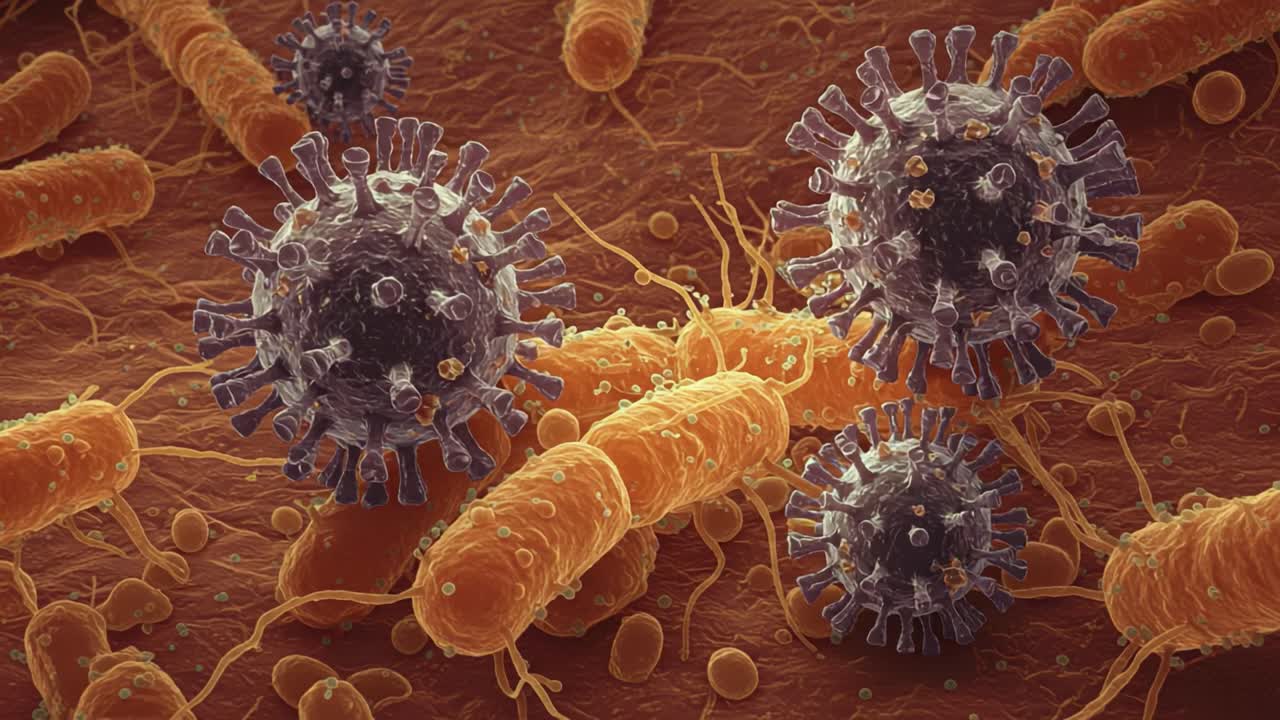Microscopic View of Viruses and Bacteria Interacting: An Intricate Dance of Life Forms in a Close-Up Biological Setting
