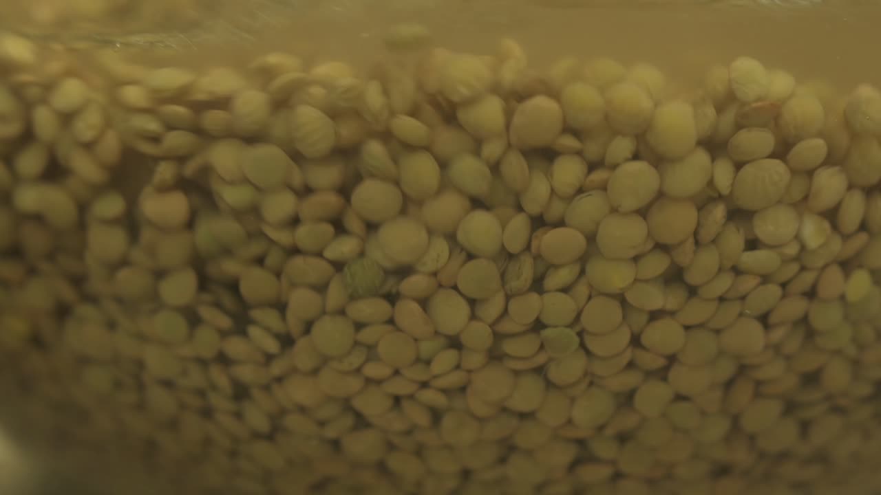 lentejas remojadas girando en un recipiente de vidrio lleno de agua - cámara lenta