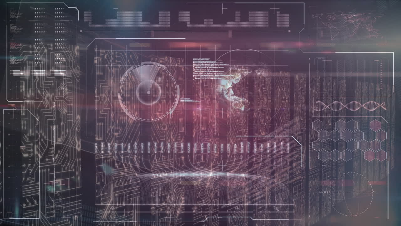 Animation of globe and data processing over server room