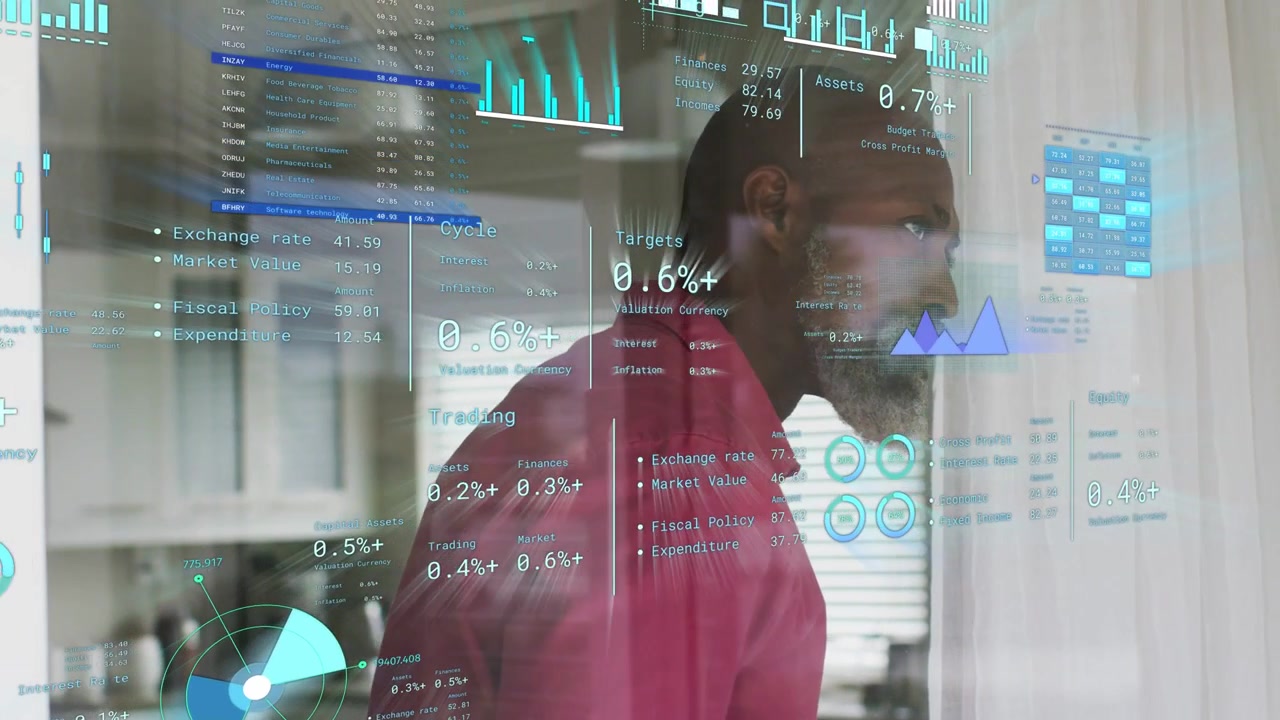 Male analyst noticing floating finance gauges on glass, leaning, turning, walking, studying metrics