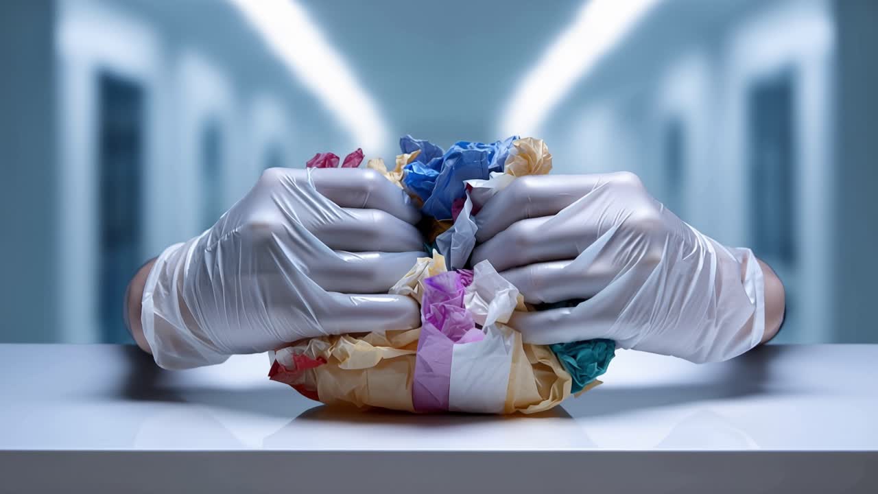 Un paio di mani che stringono una pila colorata di carta accartocciata, a simboleggiare i rifiuti e le preoccupazioni ambientali in un contesto contemporaneo.