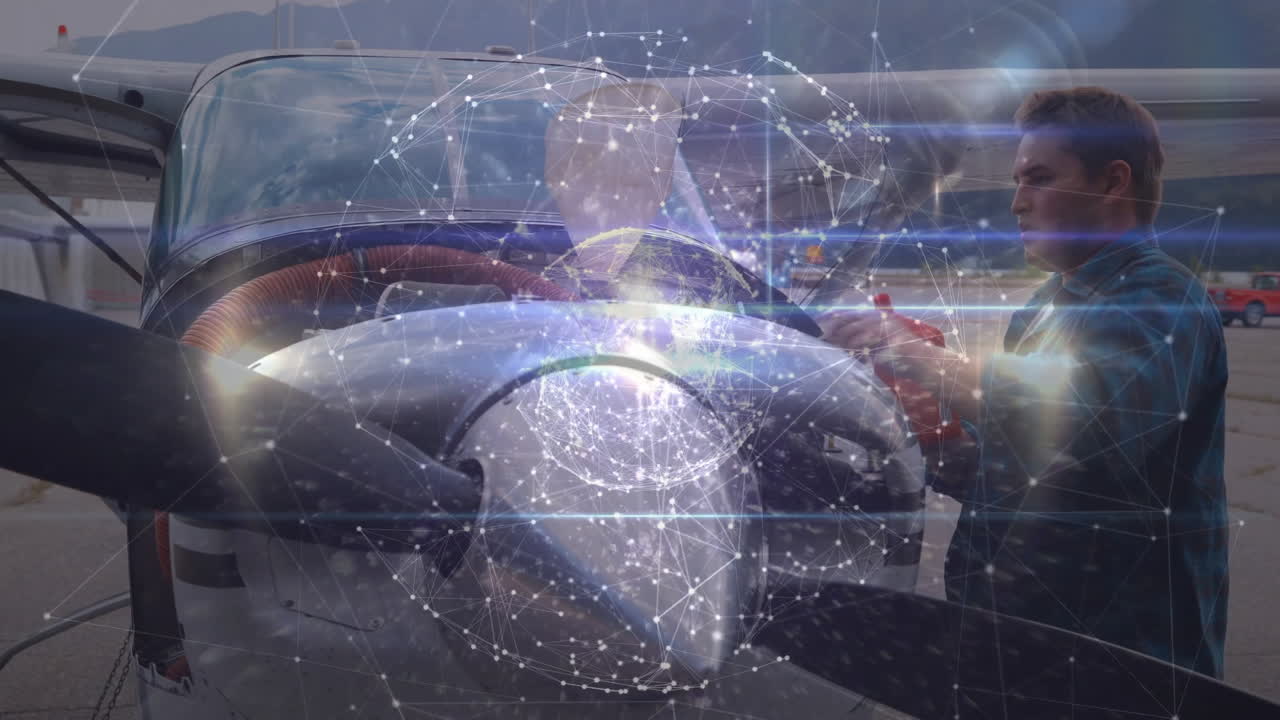Refueling small aircraft, man using digital network animation connections at airport