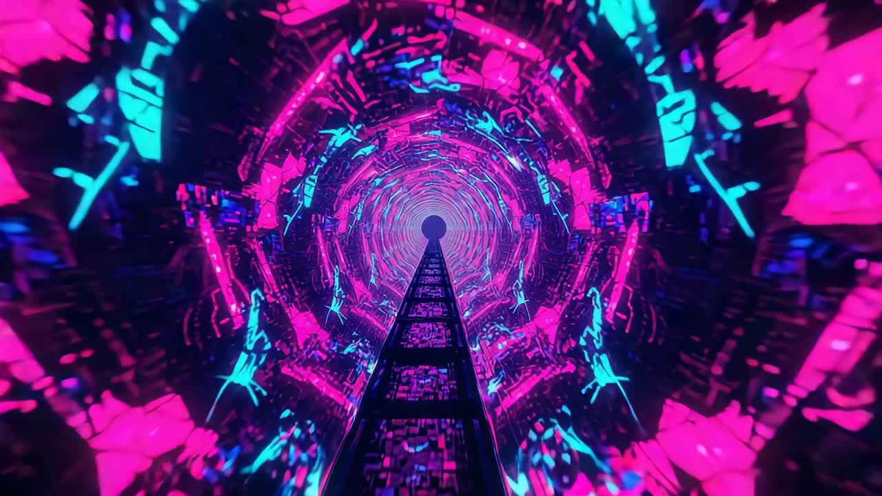 Neon panels pulsing, camera gliding through tunnel on metal walkway toward keyhole exit, fractals