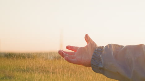 hand outstretched in the rain at sunset