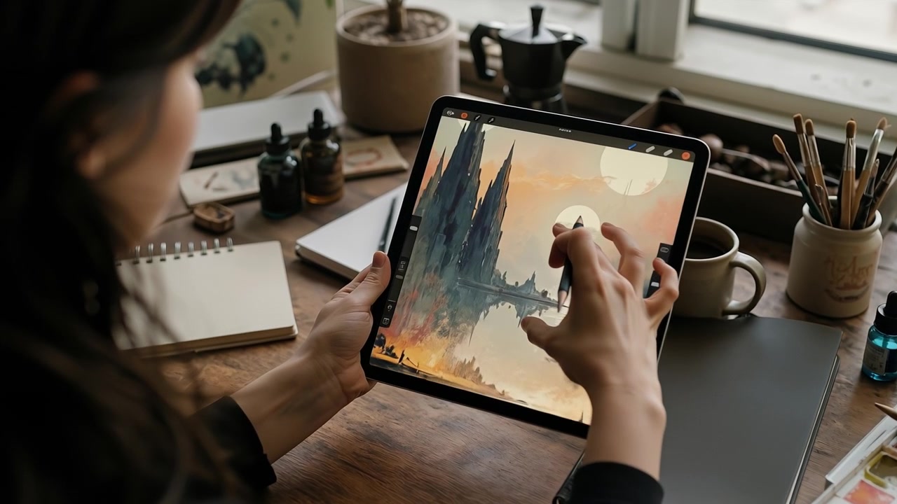 Artista digital usando un lápiz óptico para hacer zoom y rotar una ilustración de paisaje de fantasía en una tableta.