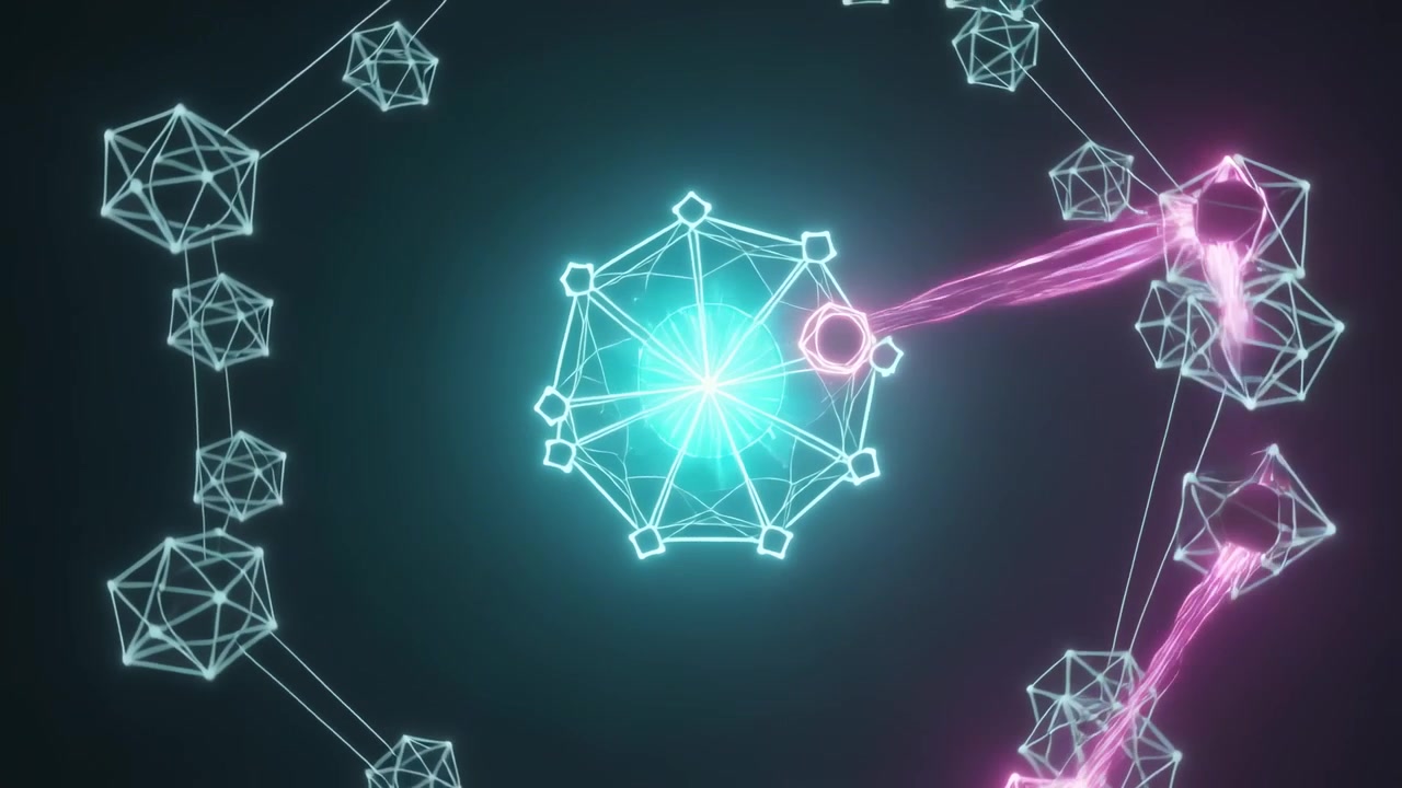 Appare un gruppo di anelli in basso a destra che invia impulsi magenta a un nucleo ciano neon in 3D, formando nodi.