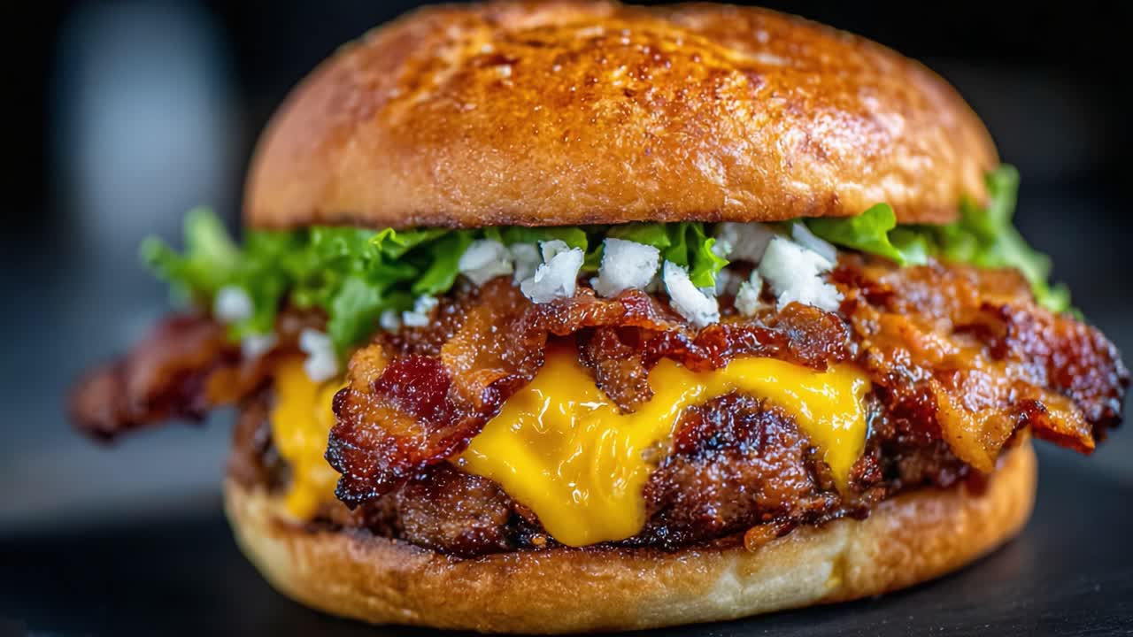 En lækker, saftig cheeseburger stablet med sprød bacon, frisk salat og løg, serveret i en ristet bolle for ultimativ smag og tilfredshed.