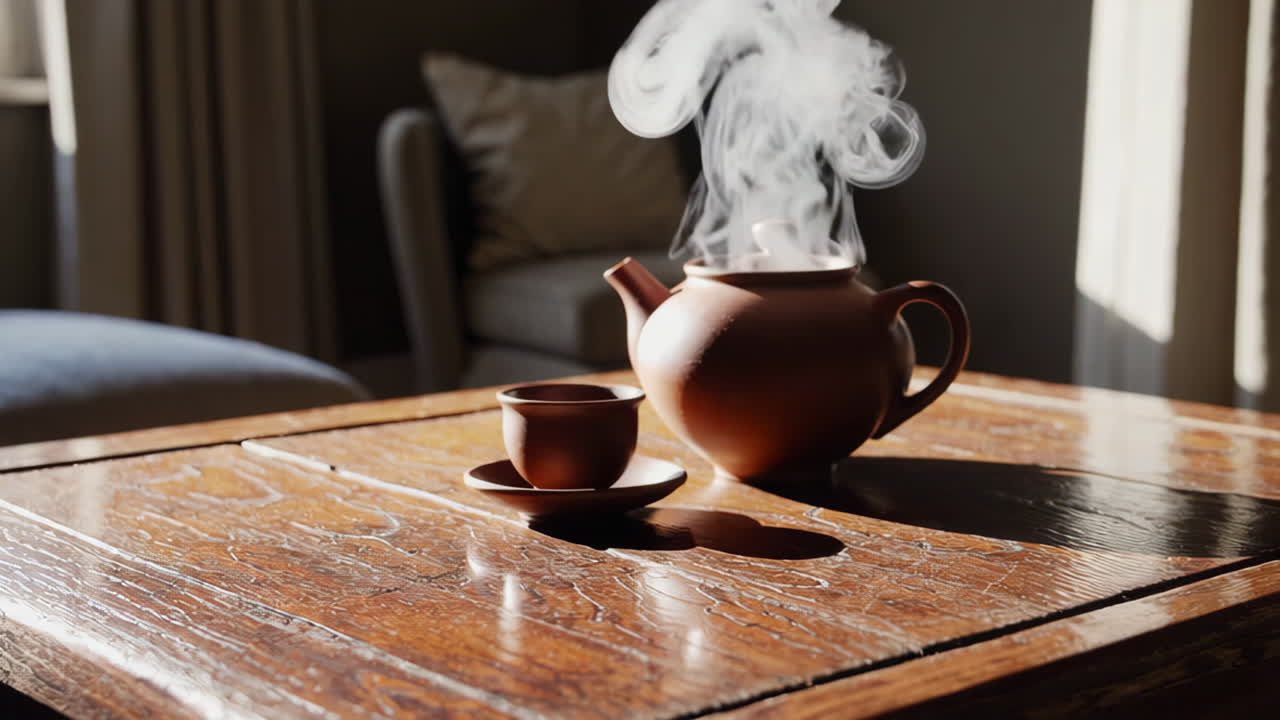 Steaming Teapot and Teacup on a Wooden Table in Sunlight