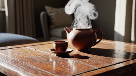 steaming teapot and teacup on a wooden table in sunlight