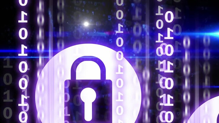 Animazione di icone di lucchetti di sicurezza online su elaborazione dati di codifica binaria.