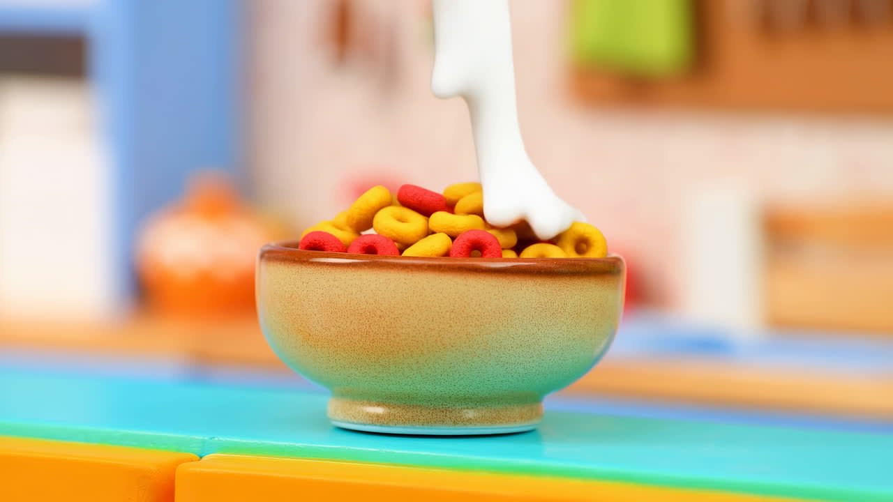 Cereali colorati che cadono in una ciotola, latte che si versa sugli anelli, ciotola di ceramica su un luminoso bancone da cucina, macro