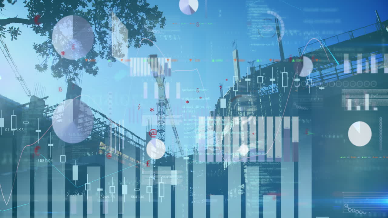 도시 풍경 위의 데이터 처리 애니메이션