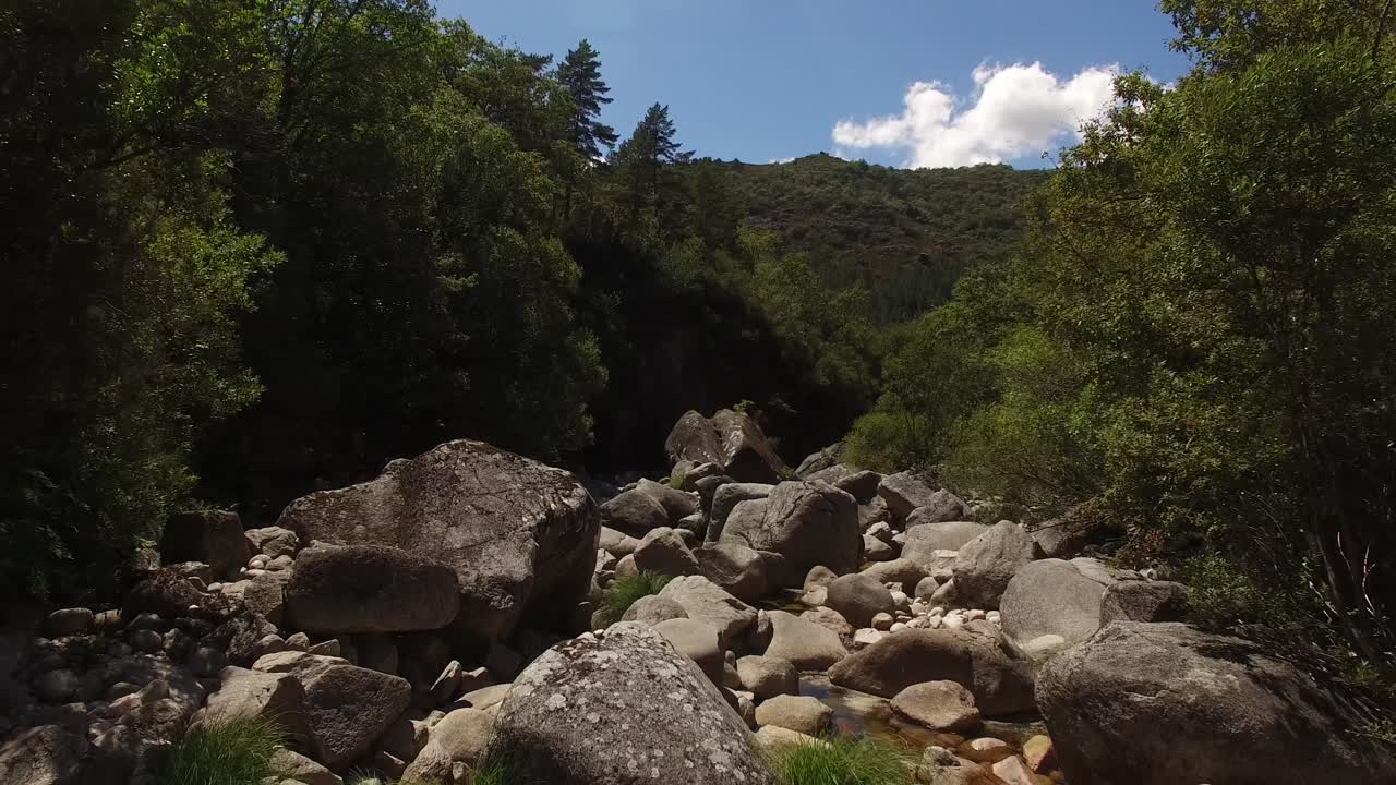 volando sobre un hermoso río con rocas en verano