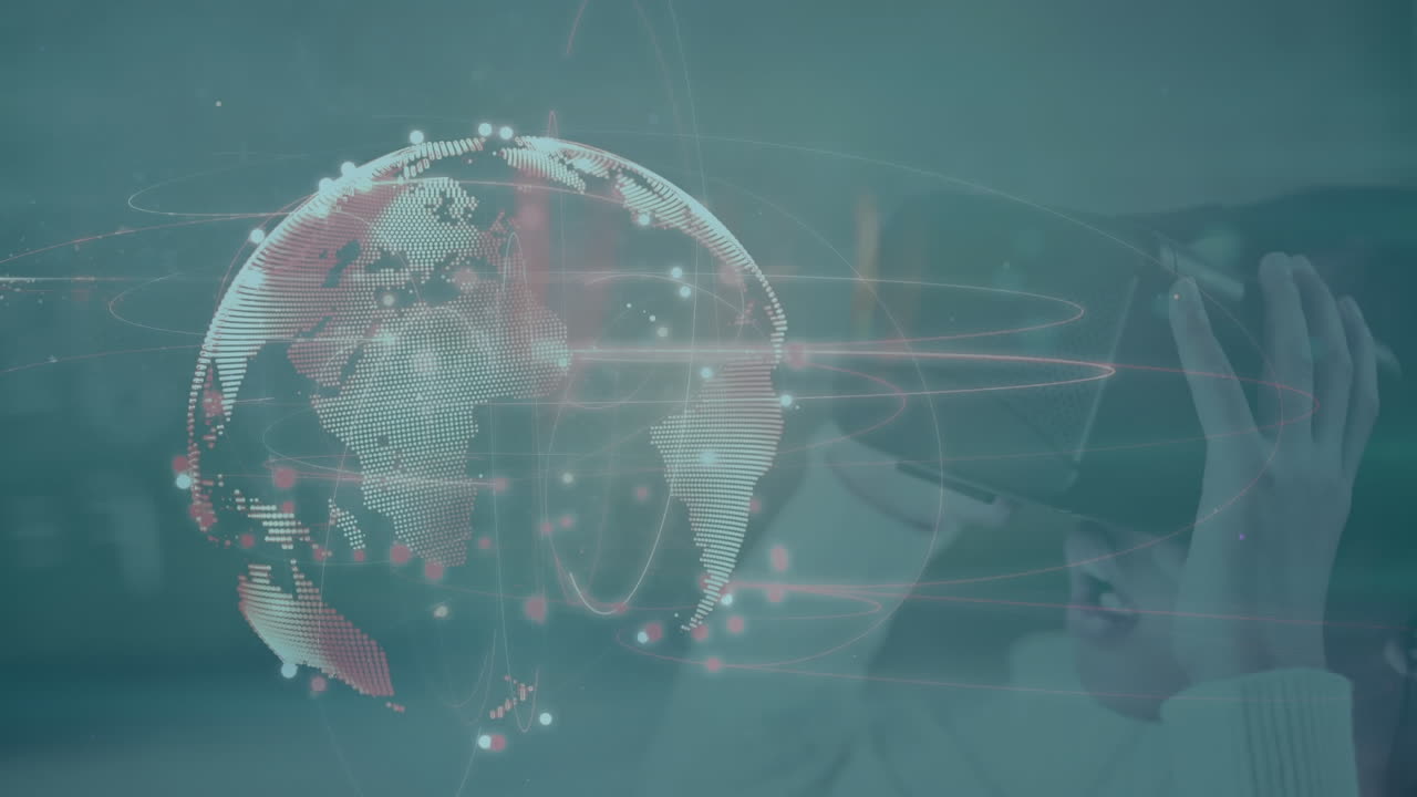 Light trails over spinning globe against boy wearing vr headset at home