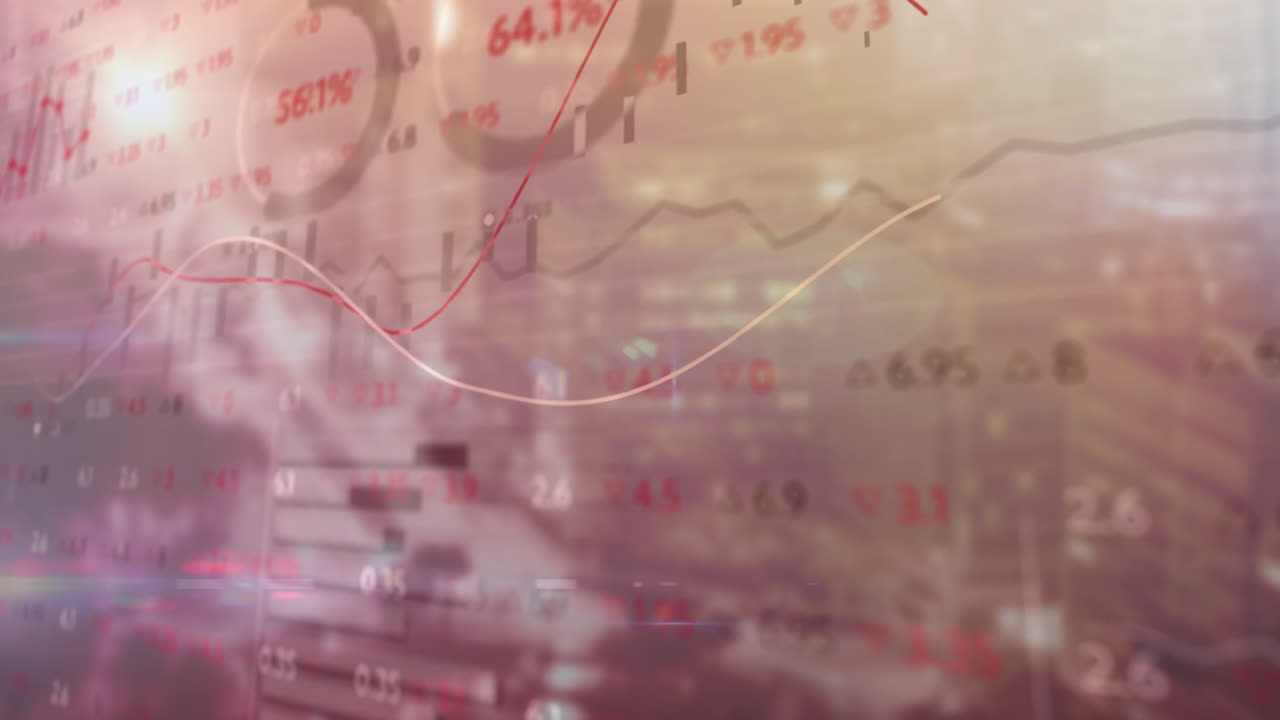 도시 풍경 위의 금융 데이터 처리 애니메이션