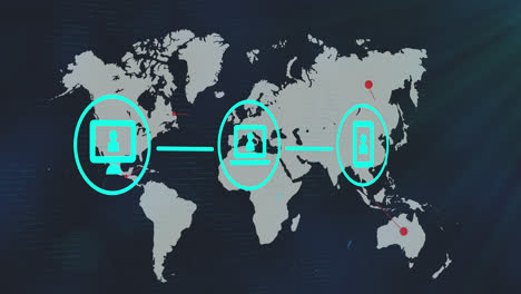 red de iconos digitales sobre el mapa del mundo en fondo azul