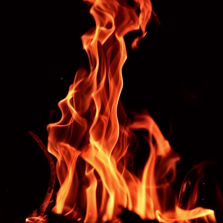 Bagliore di un falò ardente nella notte buia. Piccolo e accogliente fuoco con fiamme che si protendono verso l'alto. Primo piano
