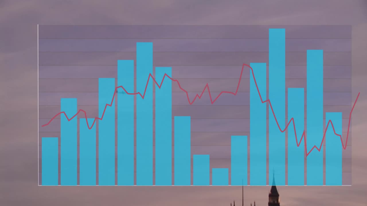 animación del procesamiento de datos financieros sobre el paisaje urbano de londres