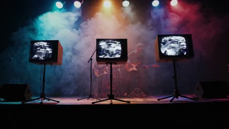 band performing on stage with vintage tvs