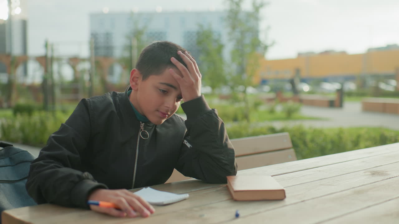 Frustrated boy sitting outdoors slams pen hard on wooden table beside notebook and closed book, expressing anger and stress during study session, with backpack resting on bench in background