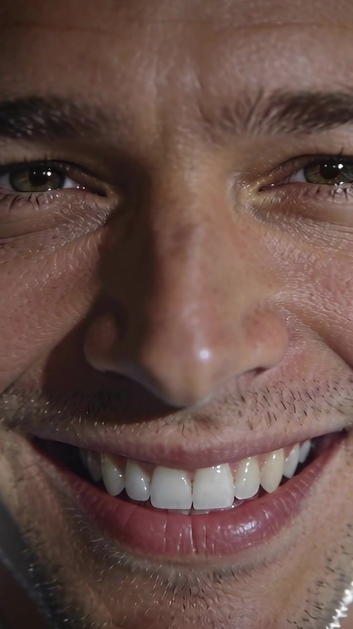 Vertical video: Smiling man staring as flare causing cam closing showing shirt collar on set promo