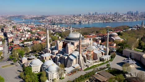 hagia sophia dolly in camera movements with drone from istanbul at covid-19 pandemic curfew