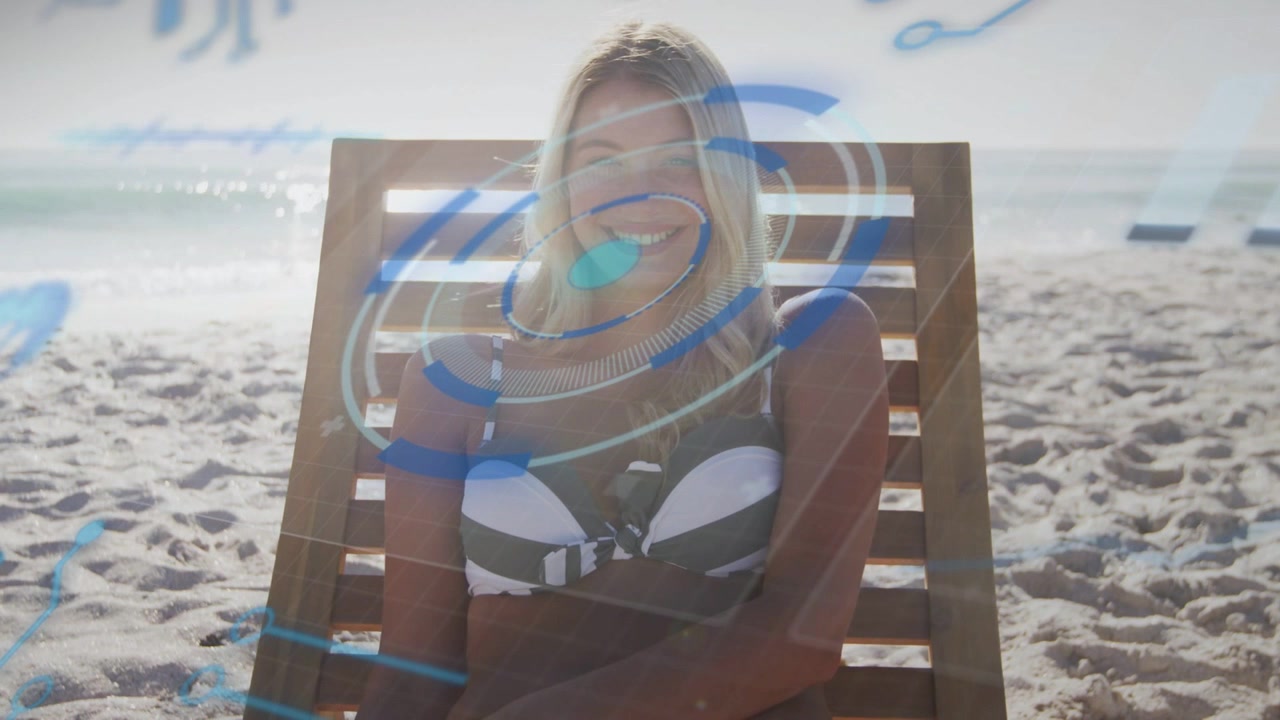 Woman sitting lounge-chair beach, blue HUD left-sweeping rotating obscuring face+torso for tech