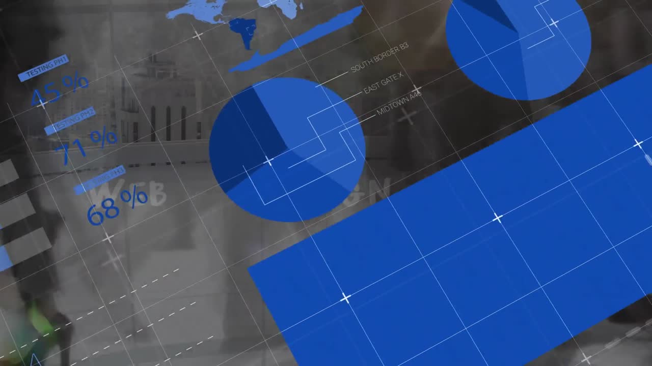 animación del procesamiento de datos financieros y estadísticas sobre personas que caminan