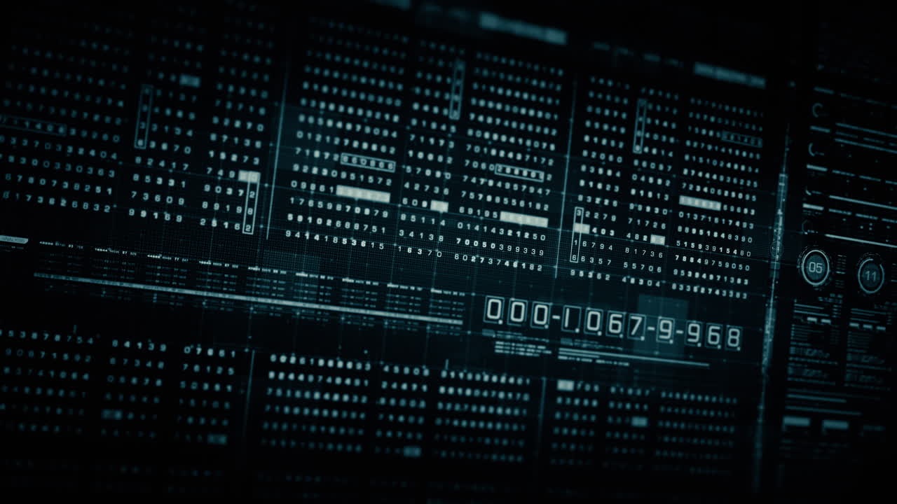 Advance data matrix, telemetry and encrypt numbers simulation user interface display in cyber space abstract de-focus environment background