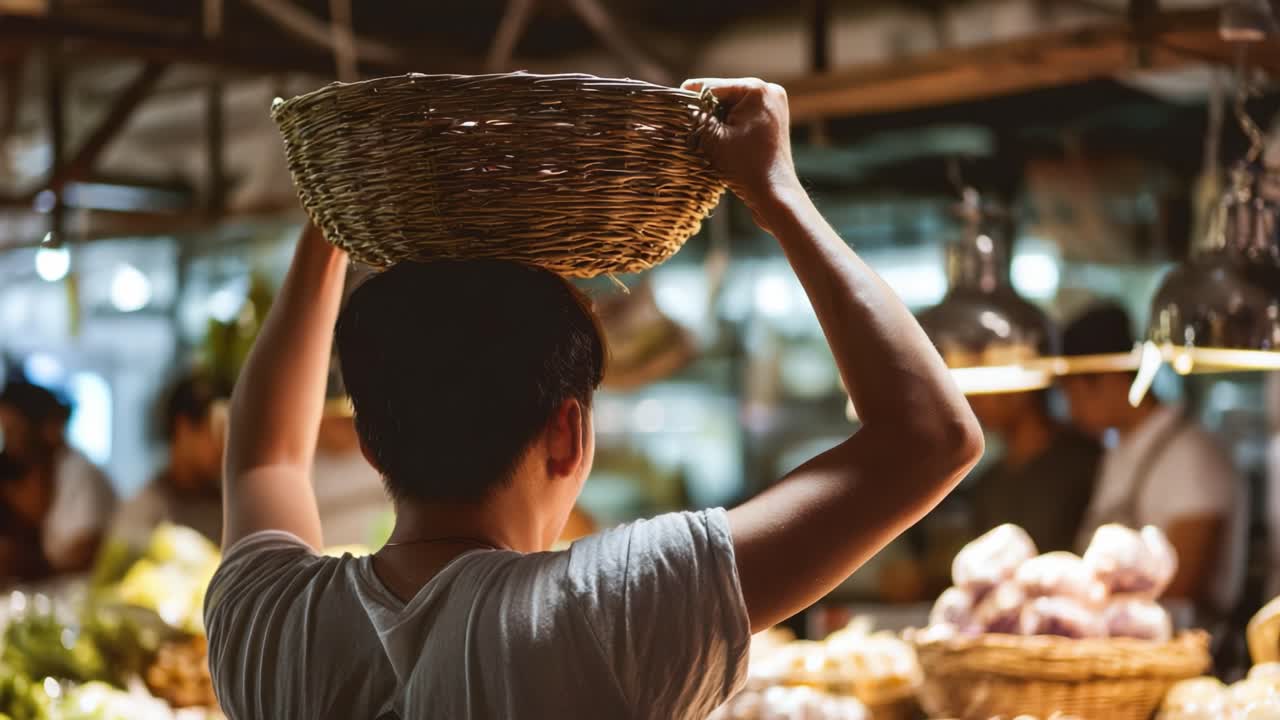 A dedicated market worker showcasing their strength and commitment as they carry a basket on their head in a bustling market filled with fresh produce and vibrant activity during a busy trading day