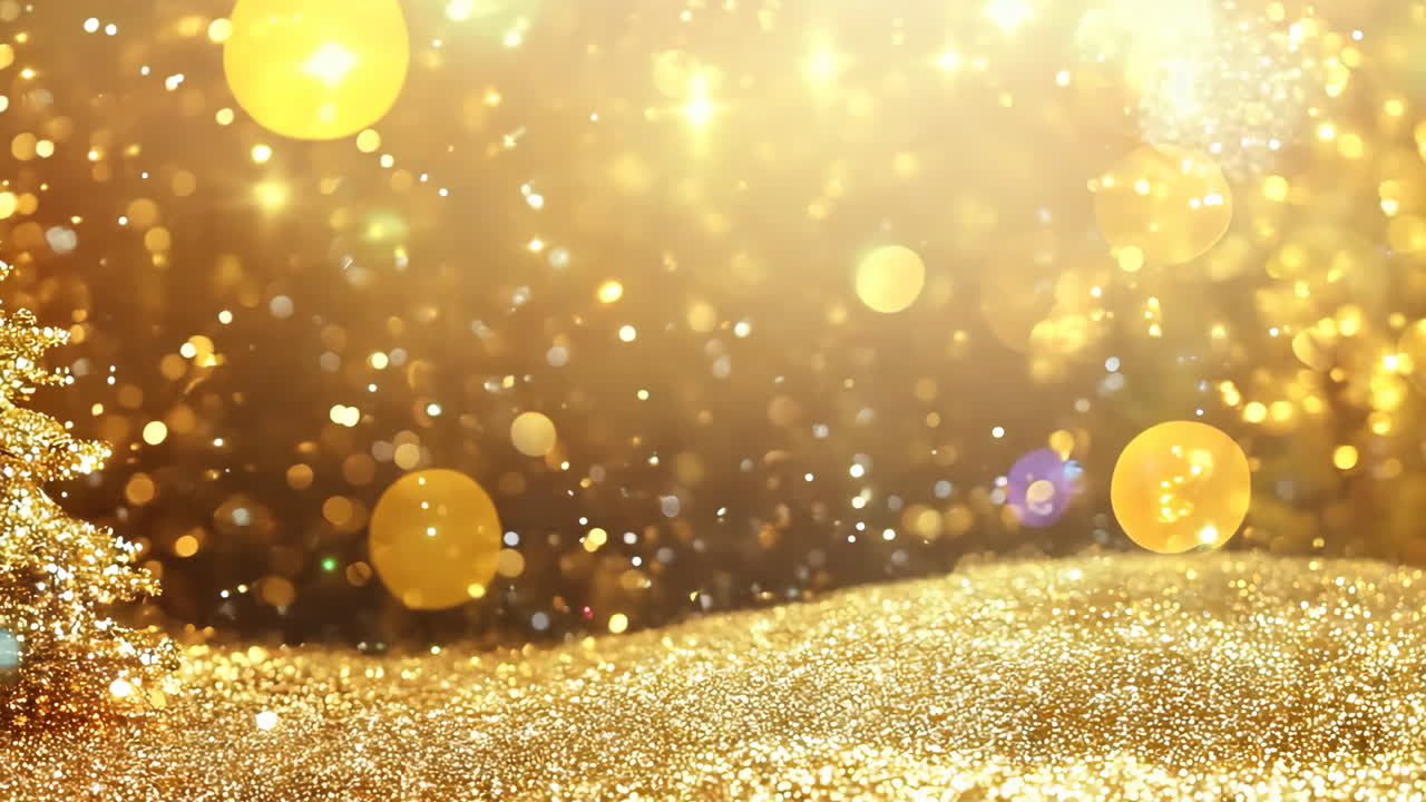 A gold star tree with a star on top of it. The tree is surrounded by a lot of glitter