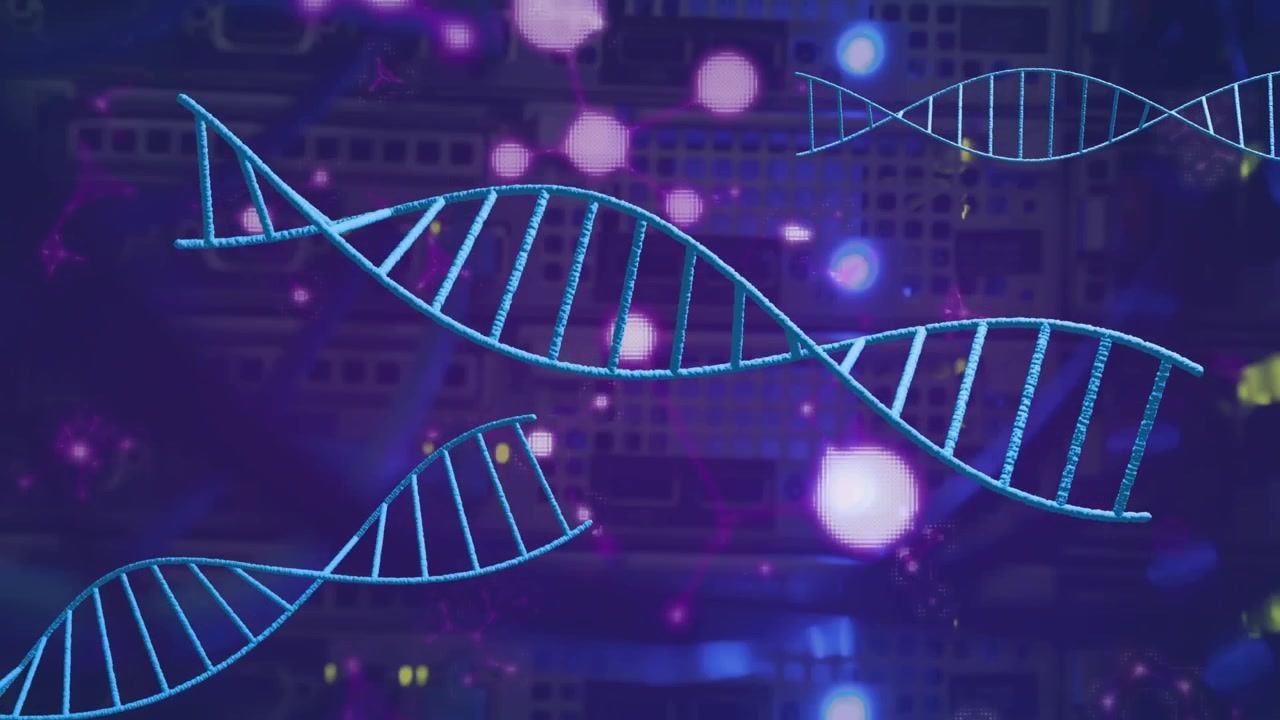 Digital DNA Strands Floating Over Server Rack Background