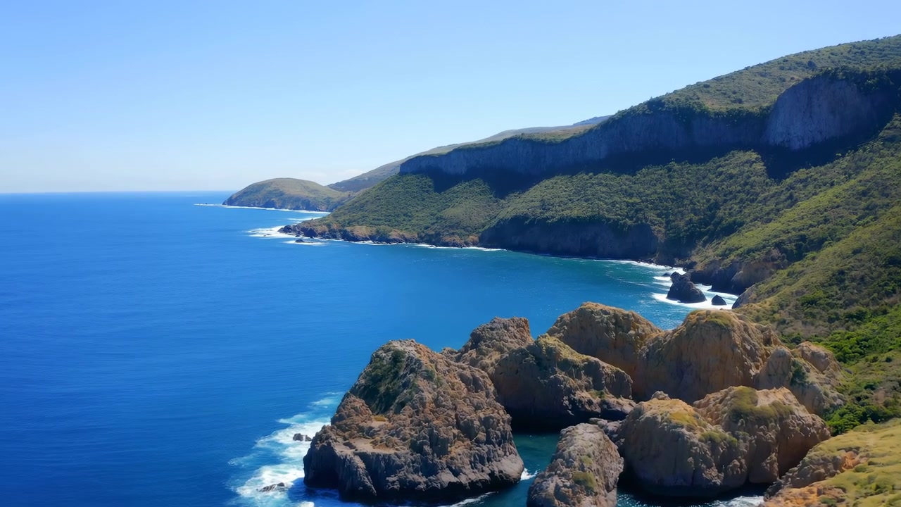 Paisaje costero elevado que muestra formaciones rocosas erosionadas, acantilados escarpados y vegetados, agua azul brillante y espuma blanca fluyendo alrededor de la costa bajo la luz clara del día para conceptos de viaje tranquilo y naturaleza.