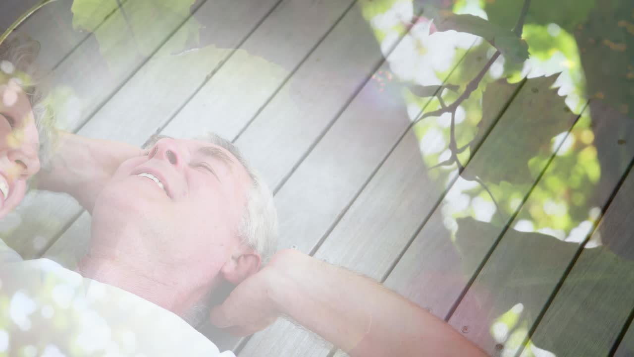 행복한 노인 위에 반이는 빛의 애니메이션