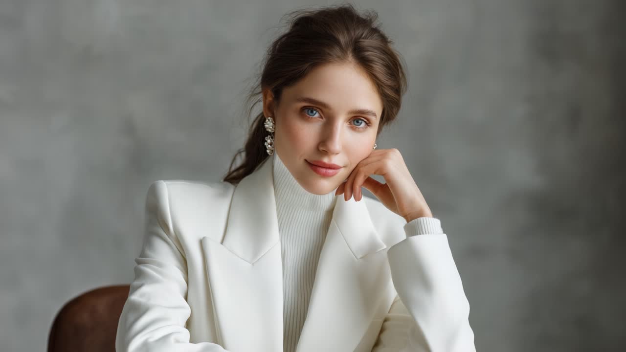 A Captivating Portrait of Elegance: A Model in a Stylish White Ensemble Radiating Confidence and Grace with Alluring Blue Eyes and Chic Accessories