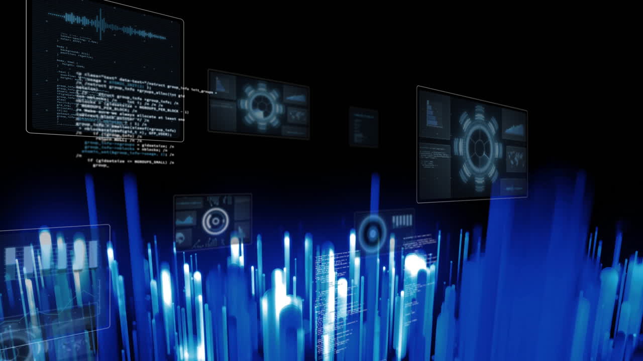 Animation of futuristic digital interface with glowing blue data bars in school