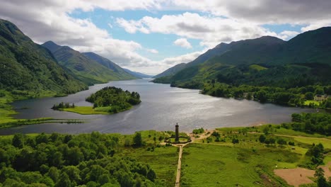 Aerial-View-Of-Dramatic-Highland-Scenery,-Loch-Shiel-And-Glenfinnan-Monument,-Glenfinnan,-Scottish-Highlands,-Scotland,-United-Kingdom