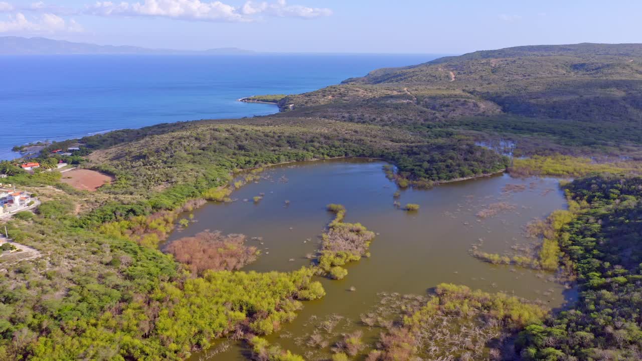 amplia vista aérea de las aguas costeras del bosque de manglares de la caobita, hábitat protegido para la vida silvestre, república dominicana