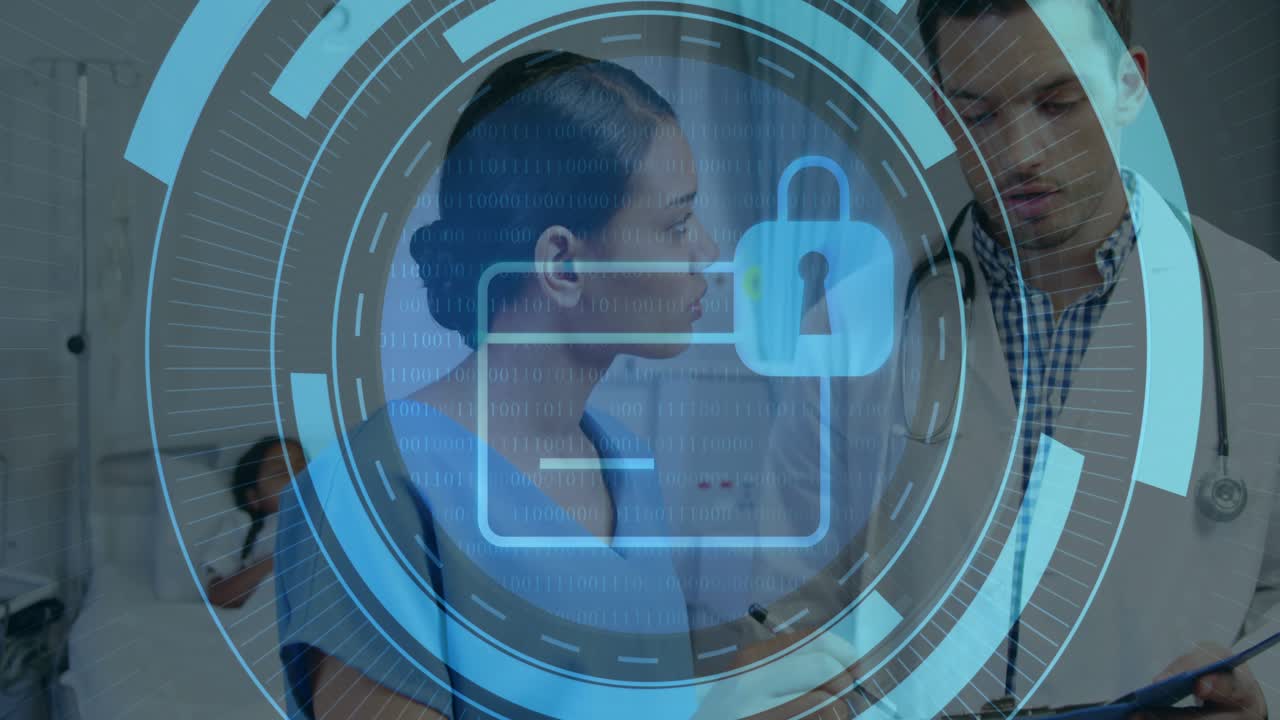 Doctor and nurse consulting by hospital bed, HUD emerging over staff and locking file securing data