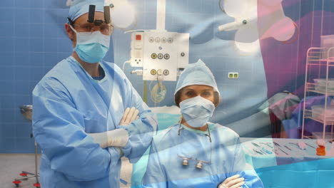 animation of flag of france waving over surgeons in face masks