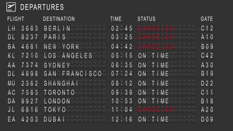 a departure board with international flights at the airport changes the status of the flight to canceled