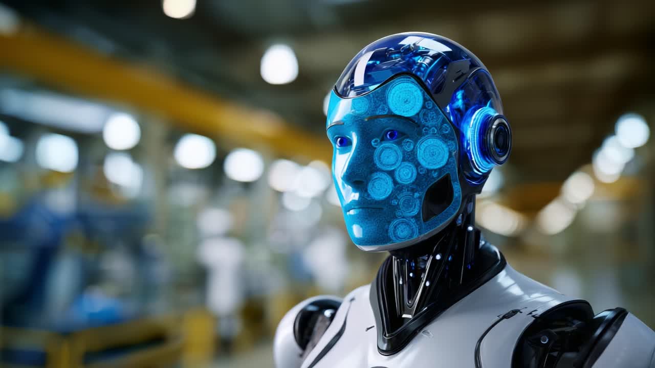 Robot umanoide futuristico con funzionalità avanzate e design complessi in un ambiente industriale high-tech che mostra innovazione e tecnologia moderna