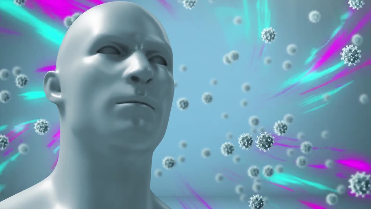 인간의 머리와 불빛 위에 떨어지는 코로나19 세포의 애니메이션