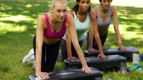 fitness class doing press ups on steps together