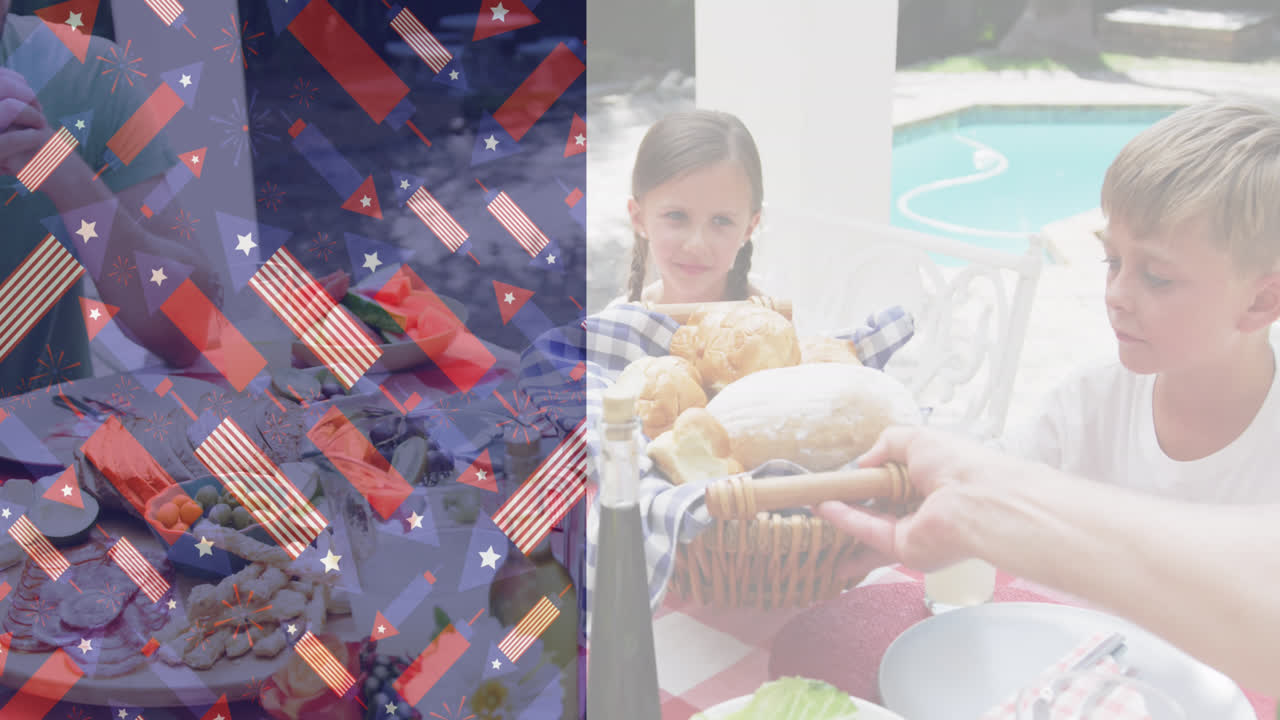 정원에서 먹는 백인 가족에 대한 미국의 작은 발의 애니메이션