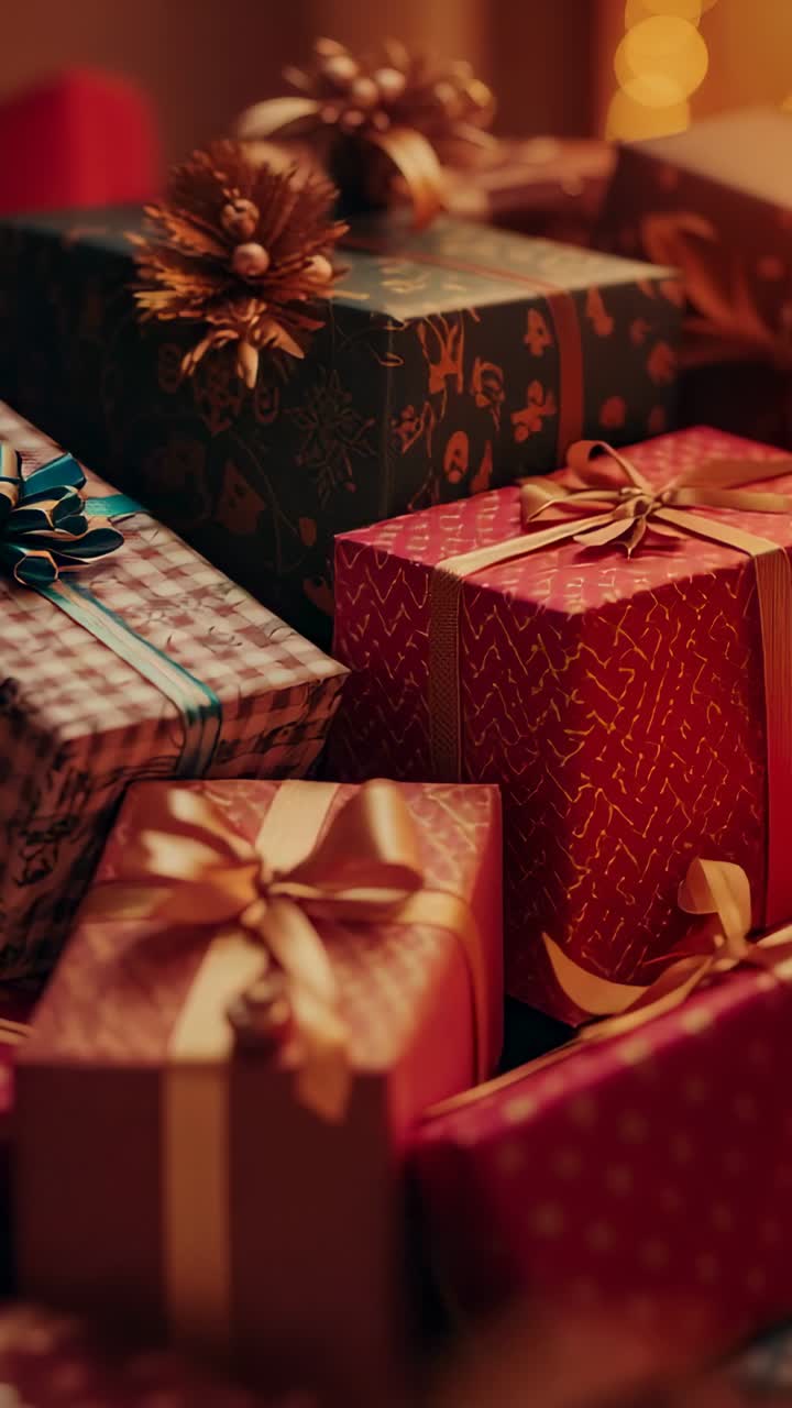 Vertical video: Camera lingering on gift boxes in home corner, zooming out and focusing on gold box