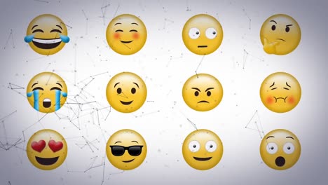 Digitale-Animation-Eines-Netzwerks-Von-Verbindungen,-Das-über-Mehreren-Gesichts-Emojis-Auf-Grauem-Hintergrund-Schwebt